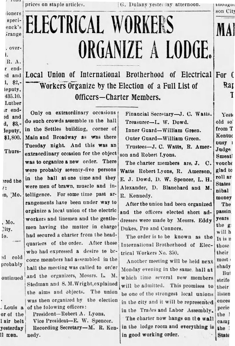 Hannibal Courier-Post, February 5, 1903: Electrical Workers Organize a Lodge
