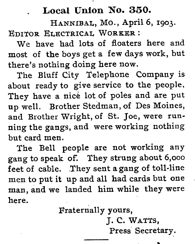 Local Union No. 350 Hannibal first report to The Electrical Worker, 1903